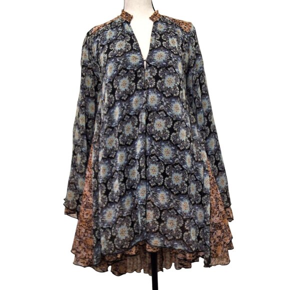 Free People Gabi Tunic Mini Dress/Top Blue Floral Retro Dramatic Hippie XS - Picture 4 of 10
